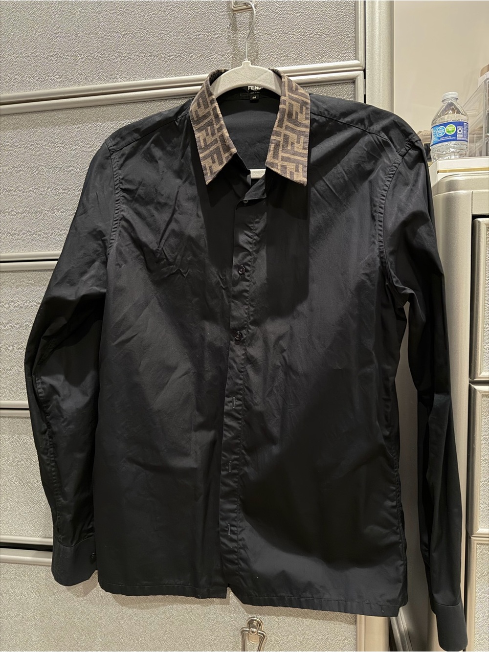 Fendi Black Shirt Jacket with Brown FF Logo Collar